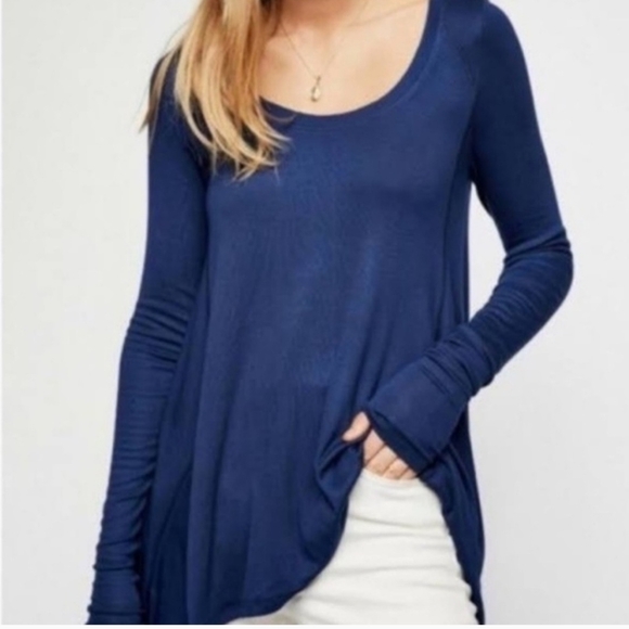 Free People Blue Asymmetrical Ruched Long Sleeve Top - Picture 1 of 8